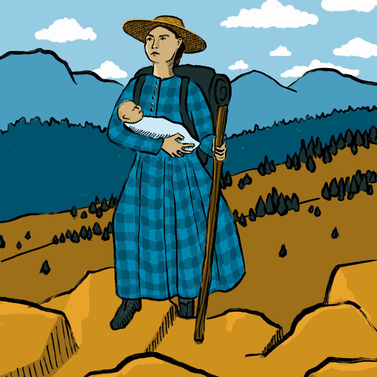 An illustration of a woman in the 1800s wearing a plaid dress and carrying a baby while hiking in the mountains