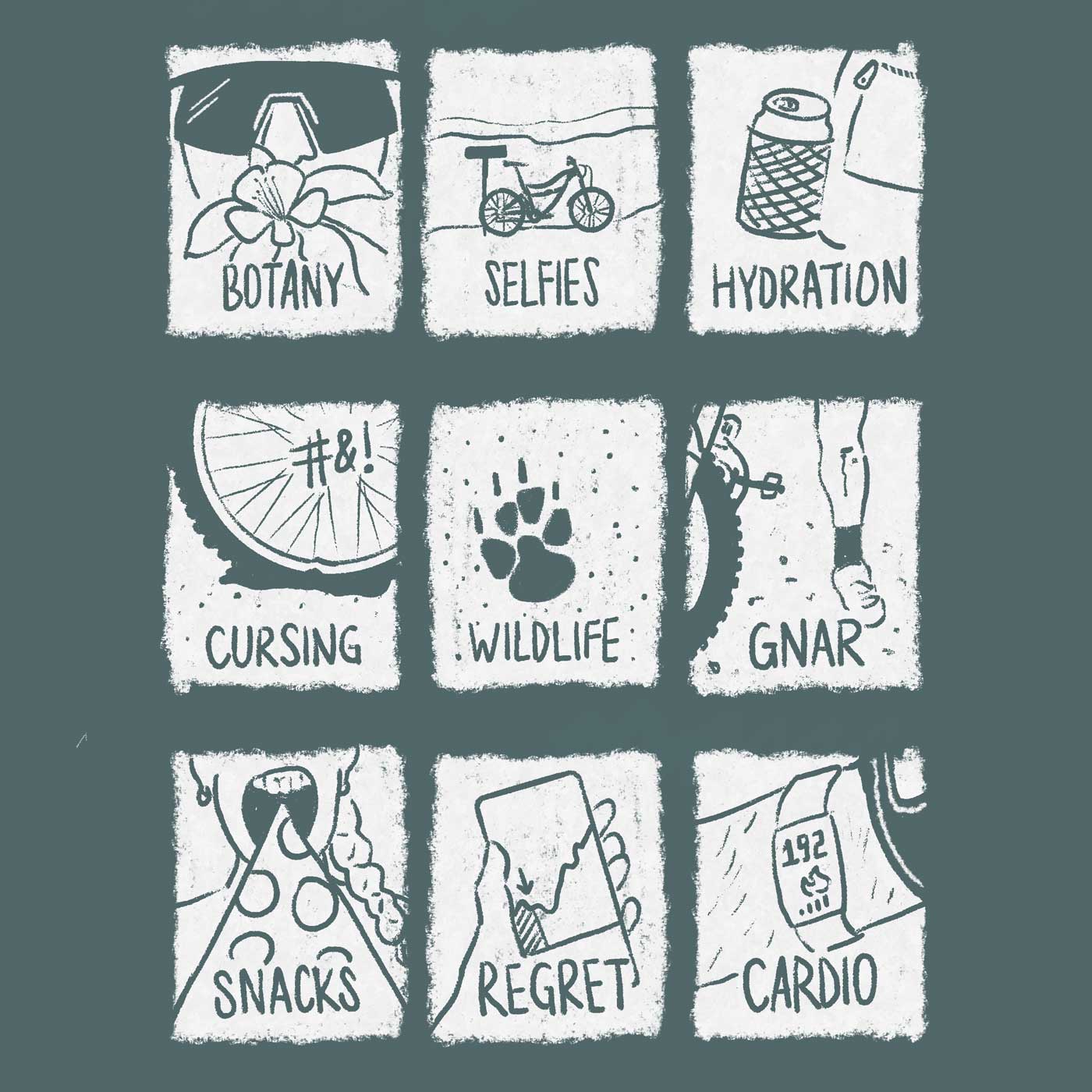 An illustration with a grid of 9 images showing the female mountain biking experience
