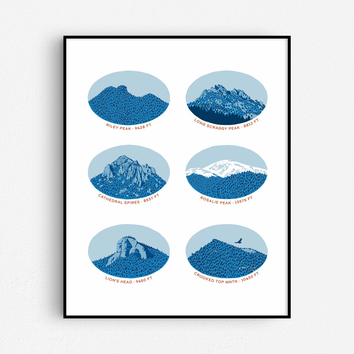 An art print with six mountain illustrations drawn in blue with elevations written underneath