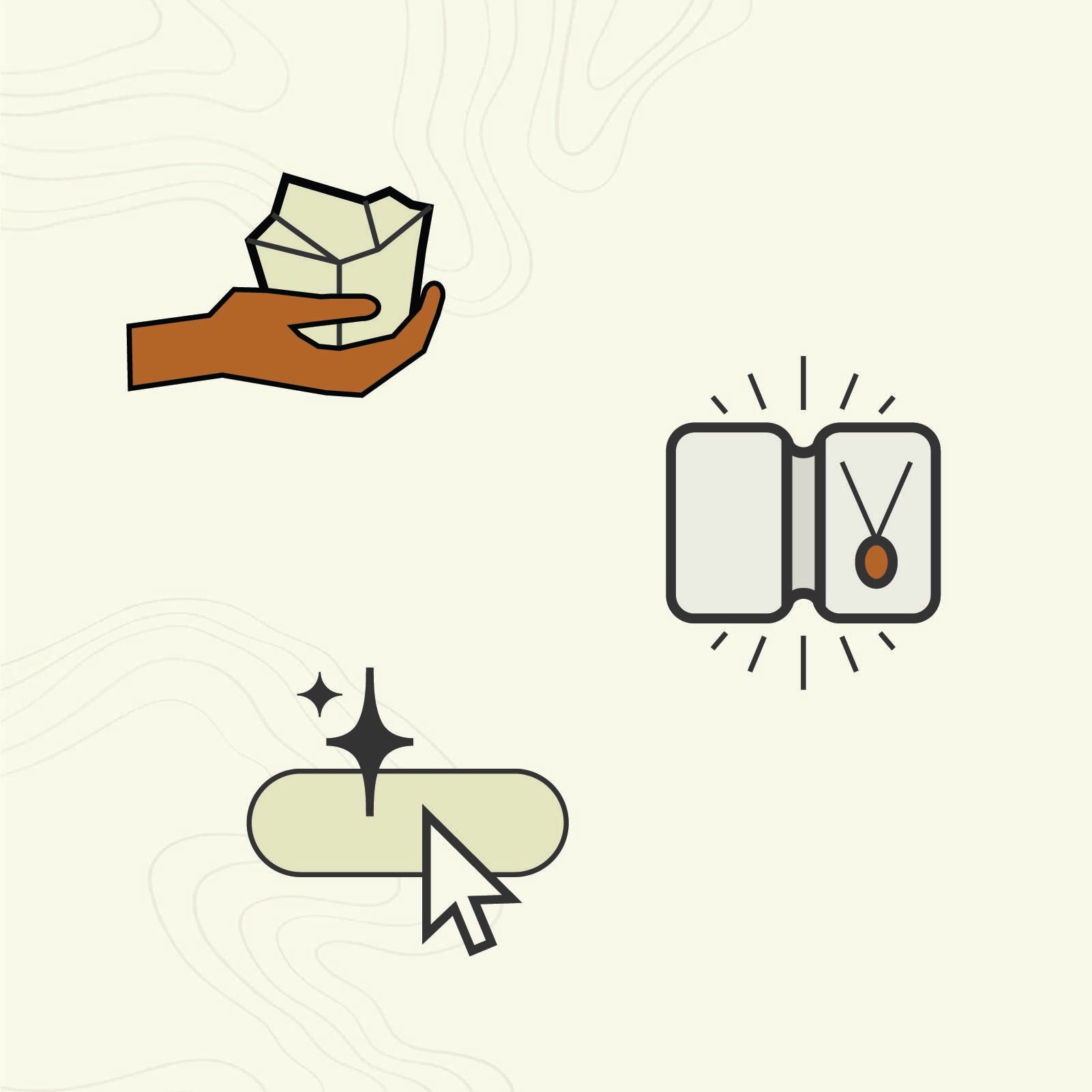 Three colored icons with a black stroke showing steps in the Waystone jewelry-making process