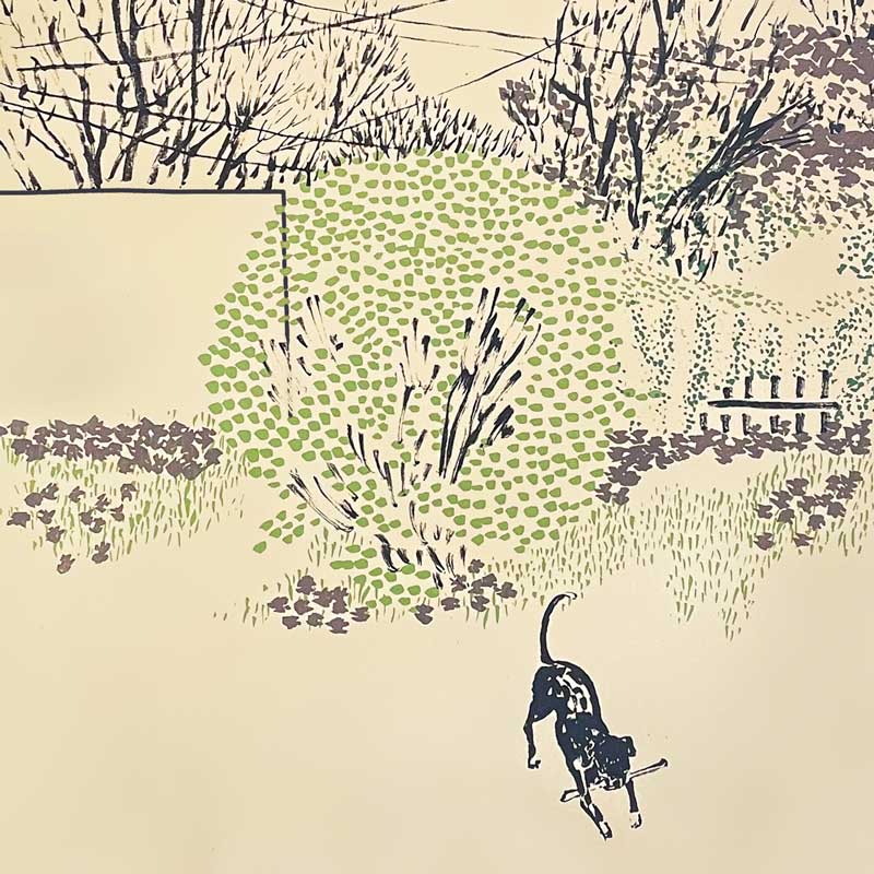 A lithograph of a dog chewing a stick in a backyard filled with trees and power lines