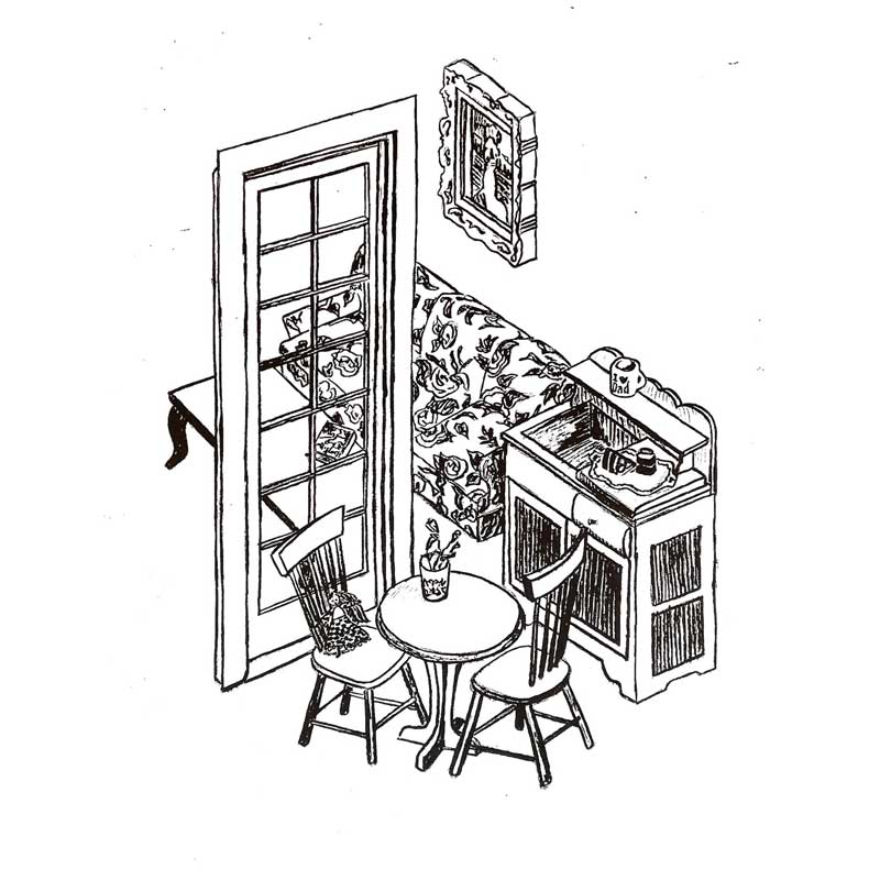 A lithograph black-and-white drawing of a collection of dollhouse furniture drawn in isometric style