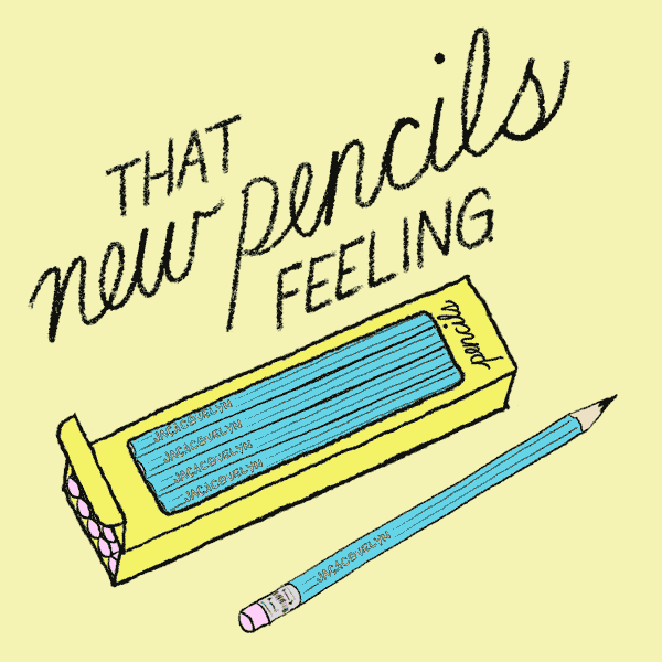 GIF with a box sliding over a new pack of pencils reads, "That new pencils feeling"