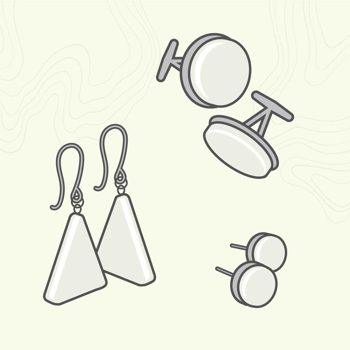 Digital illustrations of earrings, cufflinks, and a necklace colored with grey and cream