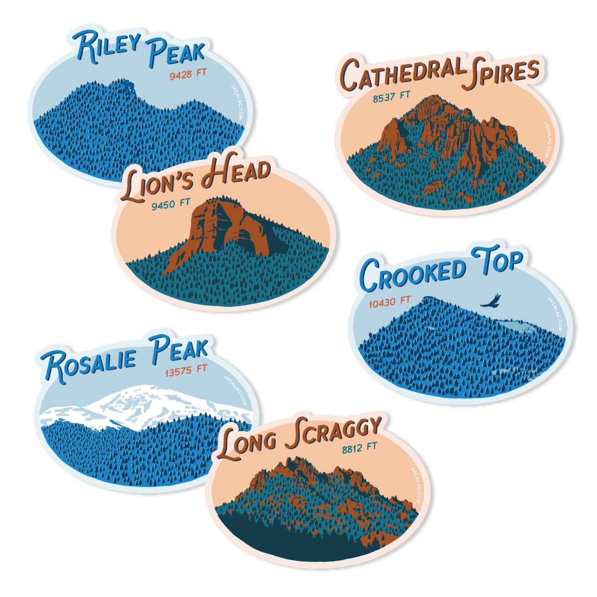 Six die-cut stickers with illustrations of mountain peaks west of Denver
