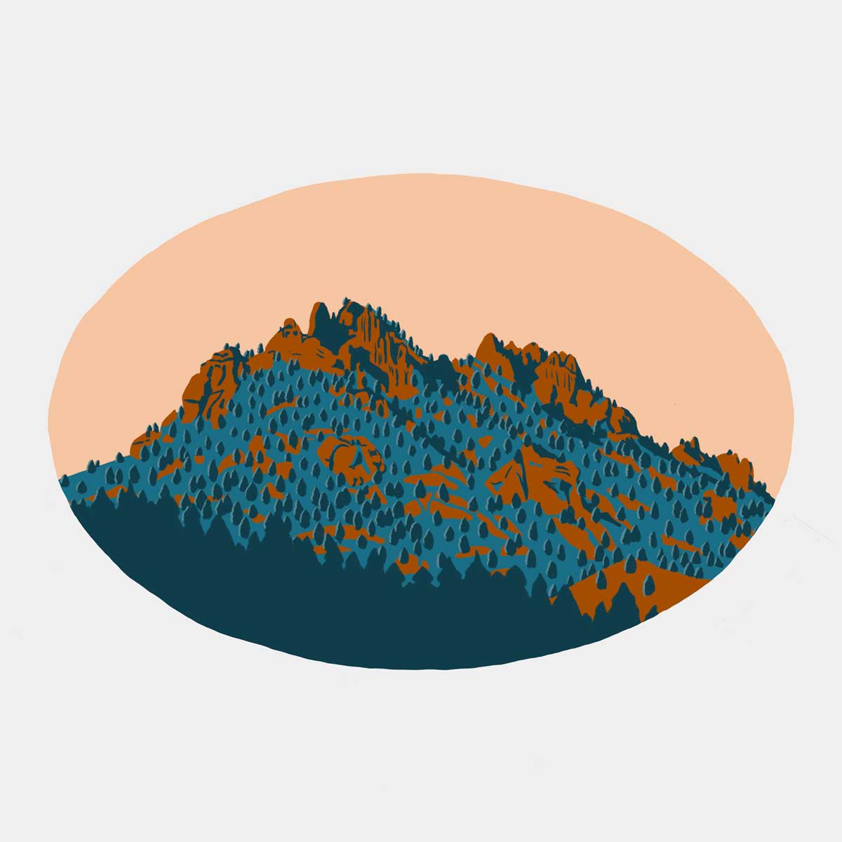 An illustration of Long Scraggy Peak in Colorado done in a bright, graphic style with orange and teal
