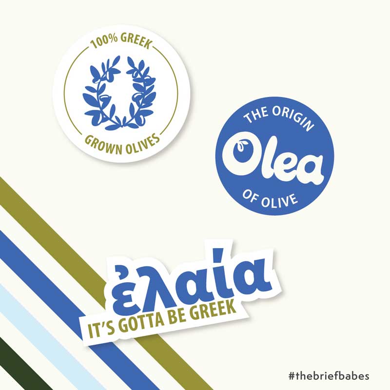 Three digital stickers with an illustrated olive wreath and the Olea logo