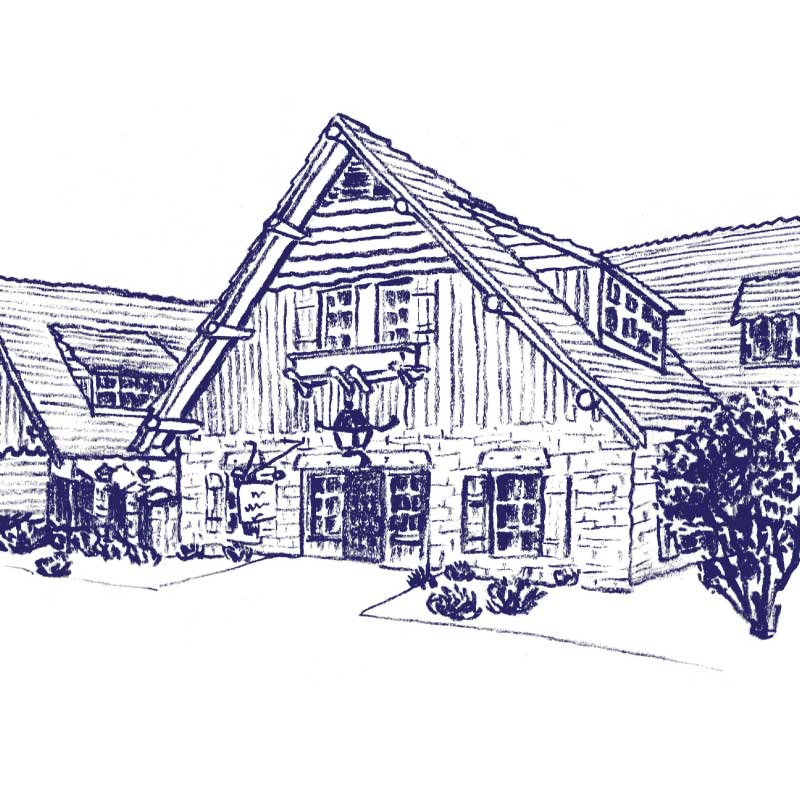 A hand-drawn illustration of Pere Marquette Lodge in Grafton Illinois