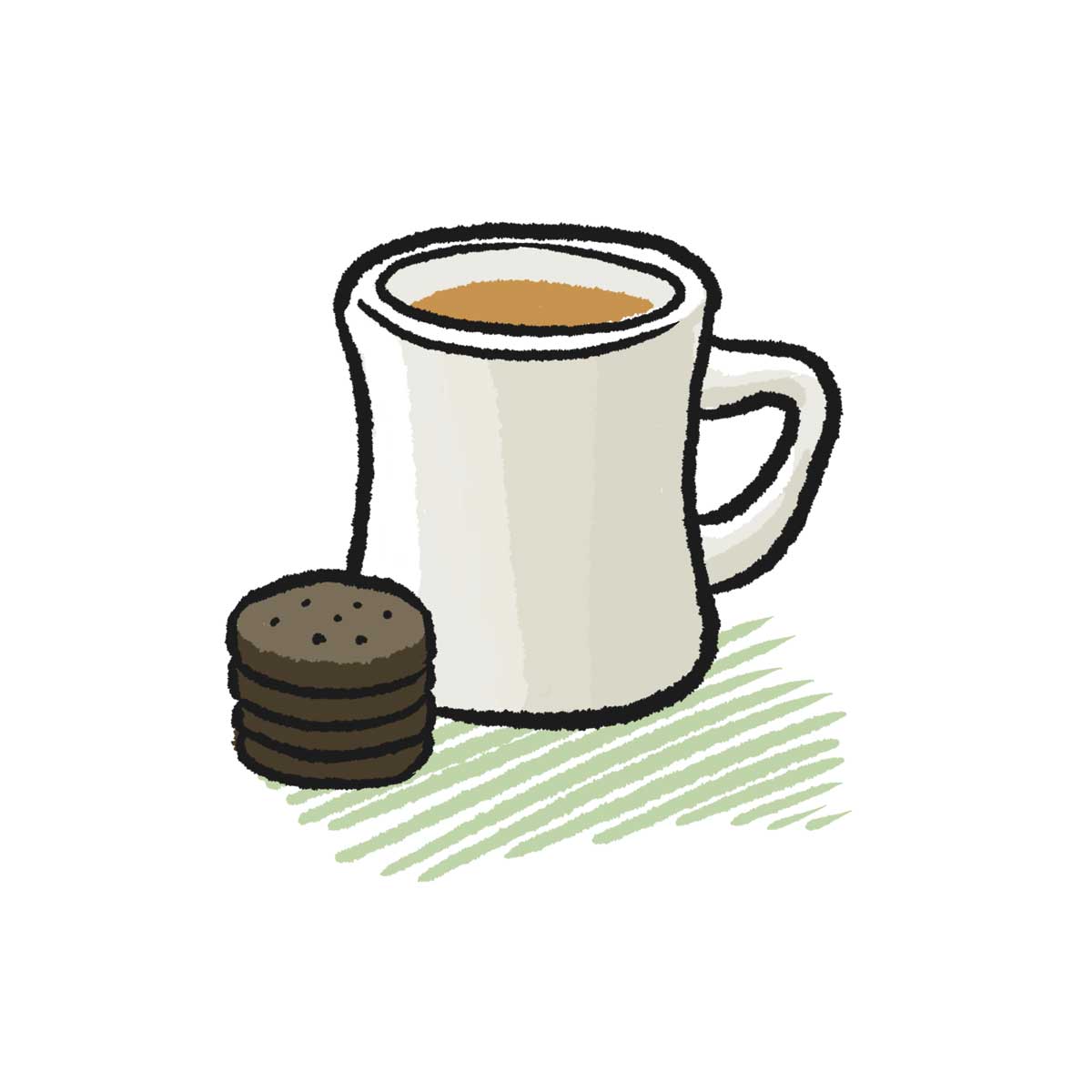An illustration of a diner-style mug with a stack of Thin Mints cookies
