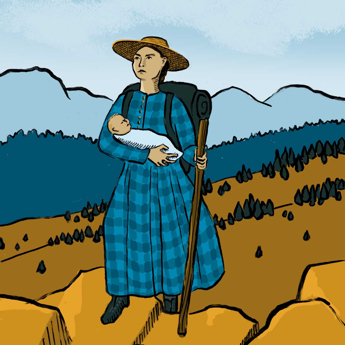 An illustration of a woman in the 1800s wearing a plaid dress and carrying a baby while hiking in the mountains
