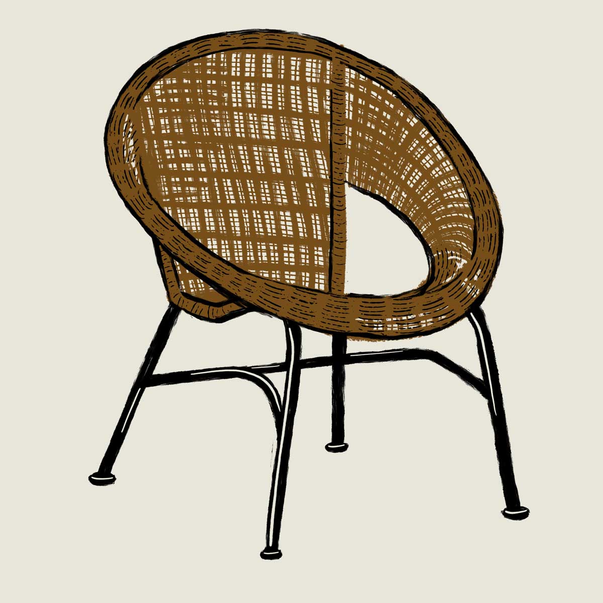 An illustration of a rattan chair using textured brushes that give it the appearance of a lithograph print