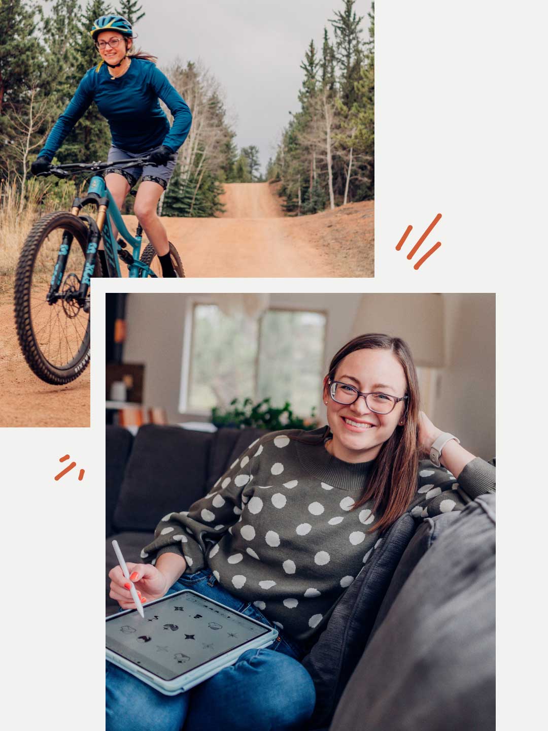 A two-photo collage shows Jacquelyn riding a mountain bike on a dirt road, and smiling at the camera while working on some logos with a stylus on her iPad.