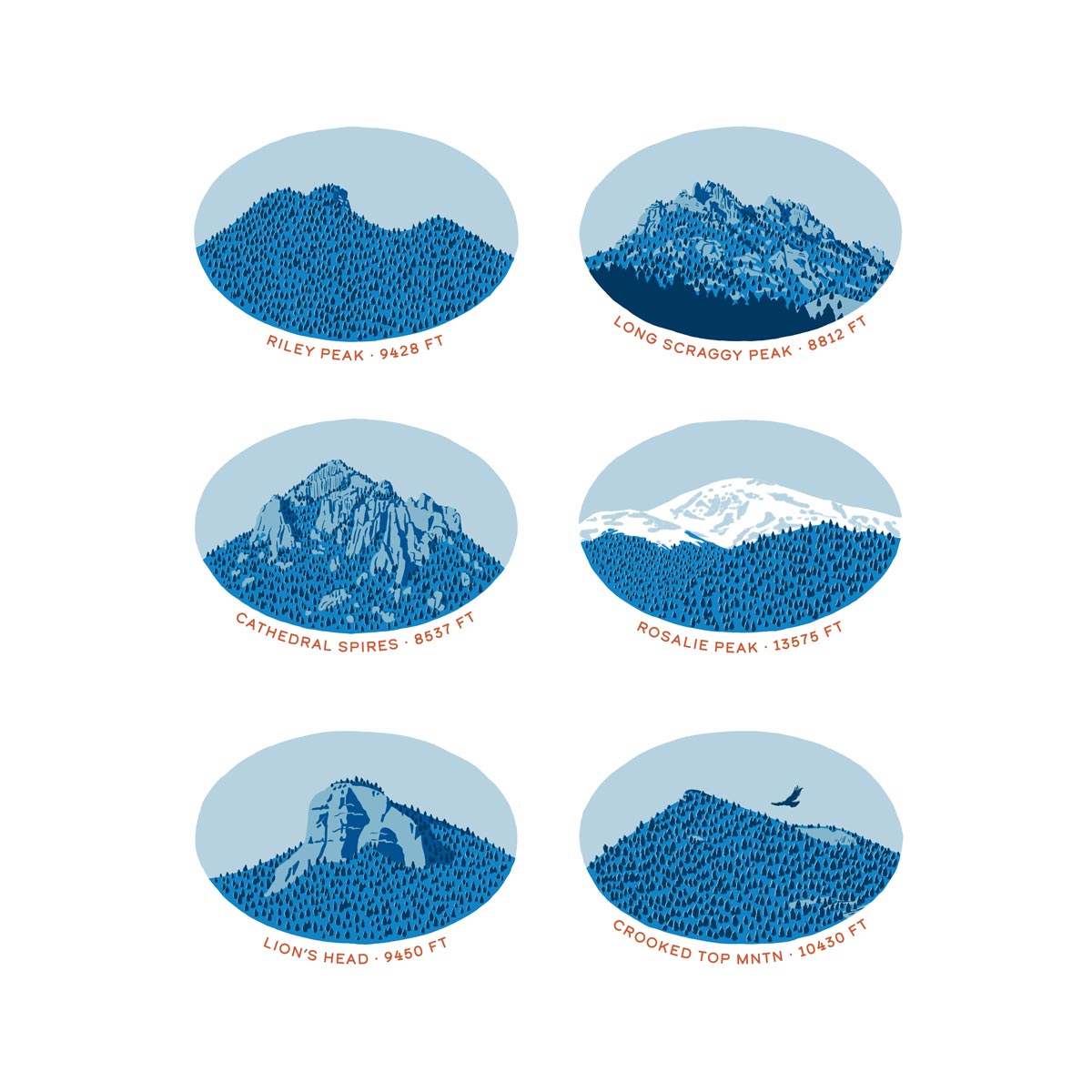 An art print with six mountain illustrations drawn in blue with elevations written underneath